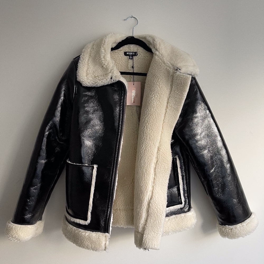 Missguided Black Vinyl Faux Fur Aviator Jacket